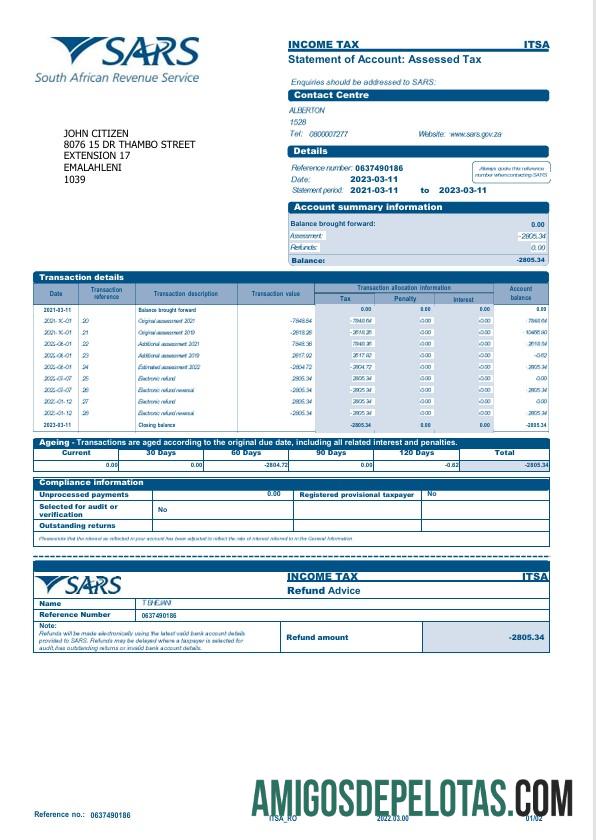 Extrato bancário SARS dos EUA em branco, modelo Word e PDF, 2 páginas